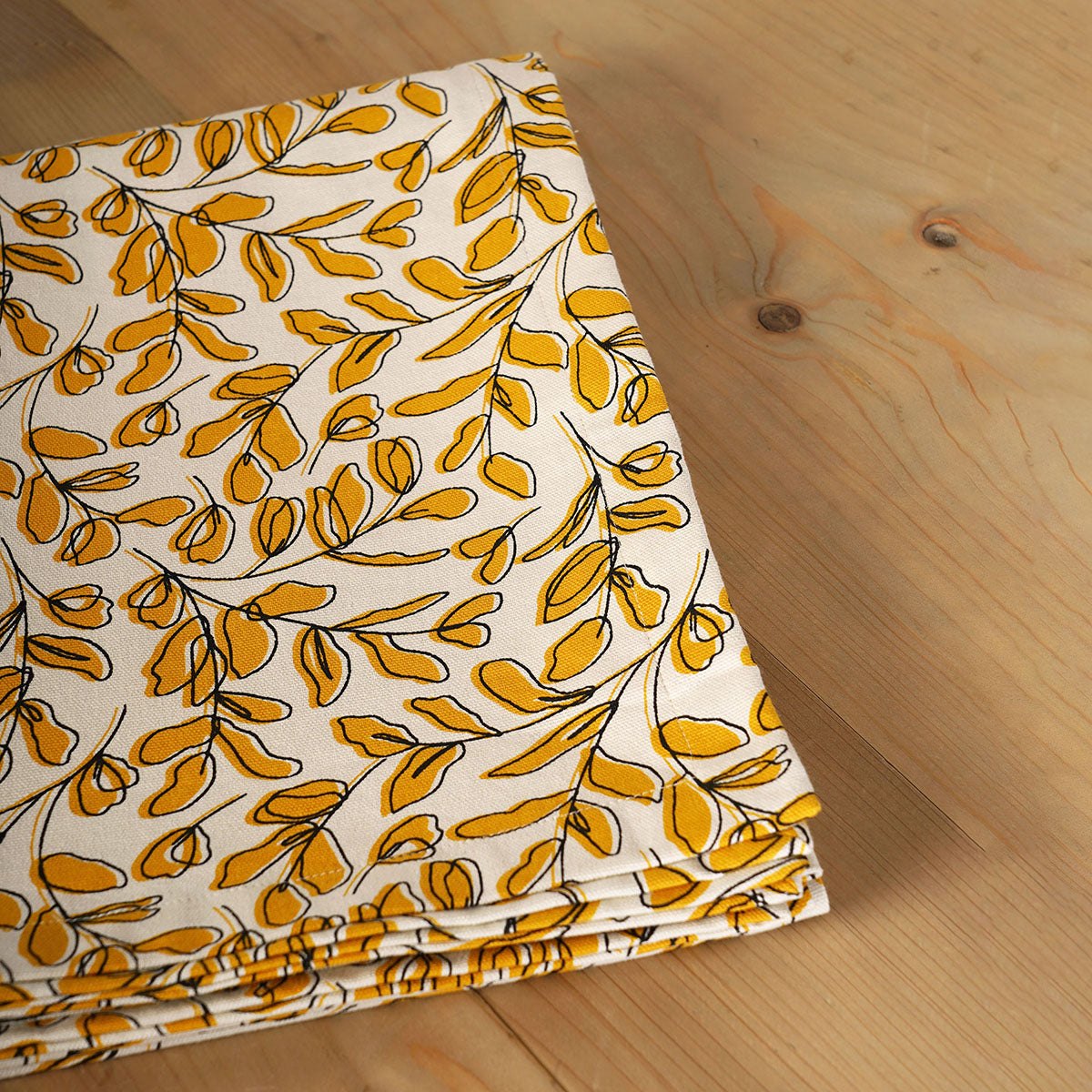 Modern Retro Mustard Yellow Cotton Tablecloth with Leaf Print