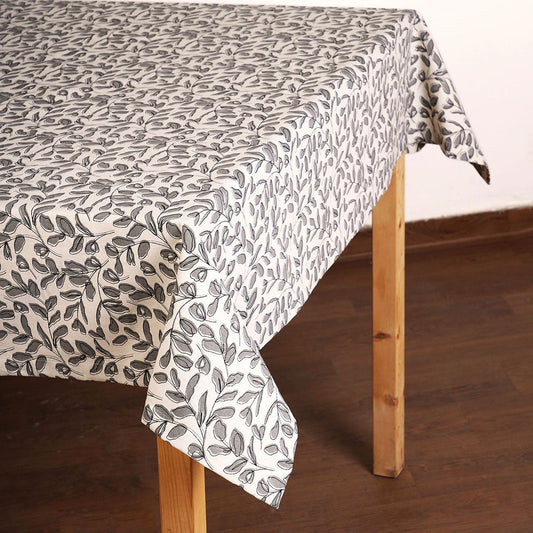 Modern Retro Grey Cotton Leaf Print Tablecloth – Elegant Dining Décor
