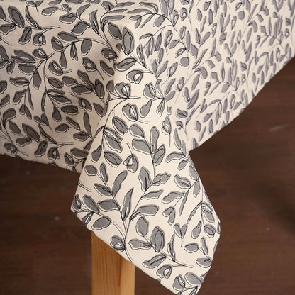 Modern Retro Grey Cotton Leaf Print Tablecloth – Elegant Dining Décor