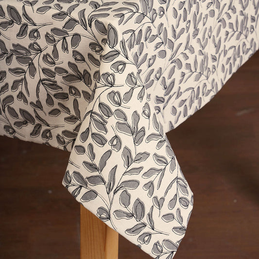 Modern Retro Grey Cotton Leaf Print Tablecloth – Elegant Dining Décor
