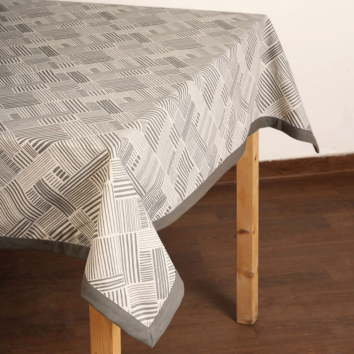 Modern Retro Grey Geometric Stripe Print Cotton Tablecloth | Solid Border | Round, Square & Rectangular