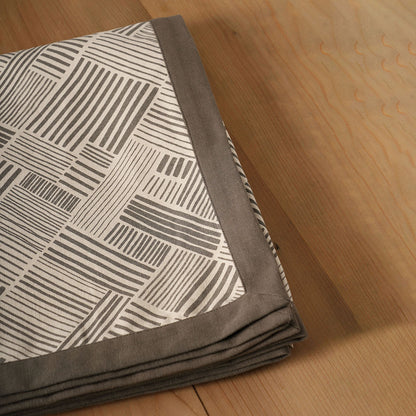 Modern Retro Grey Geometric Stripe Print Cotton Tablecloth | Solid Border | Round, Square & Rectangular