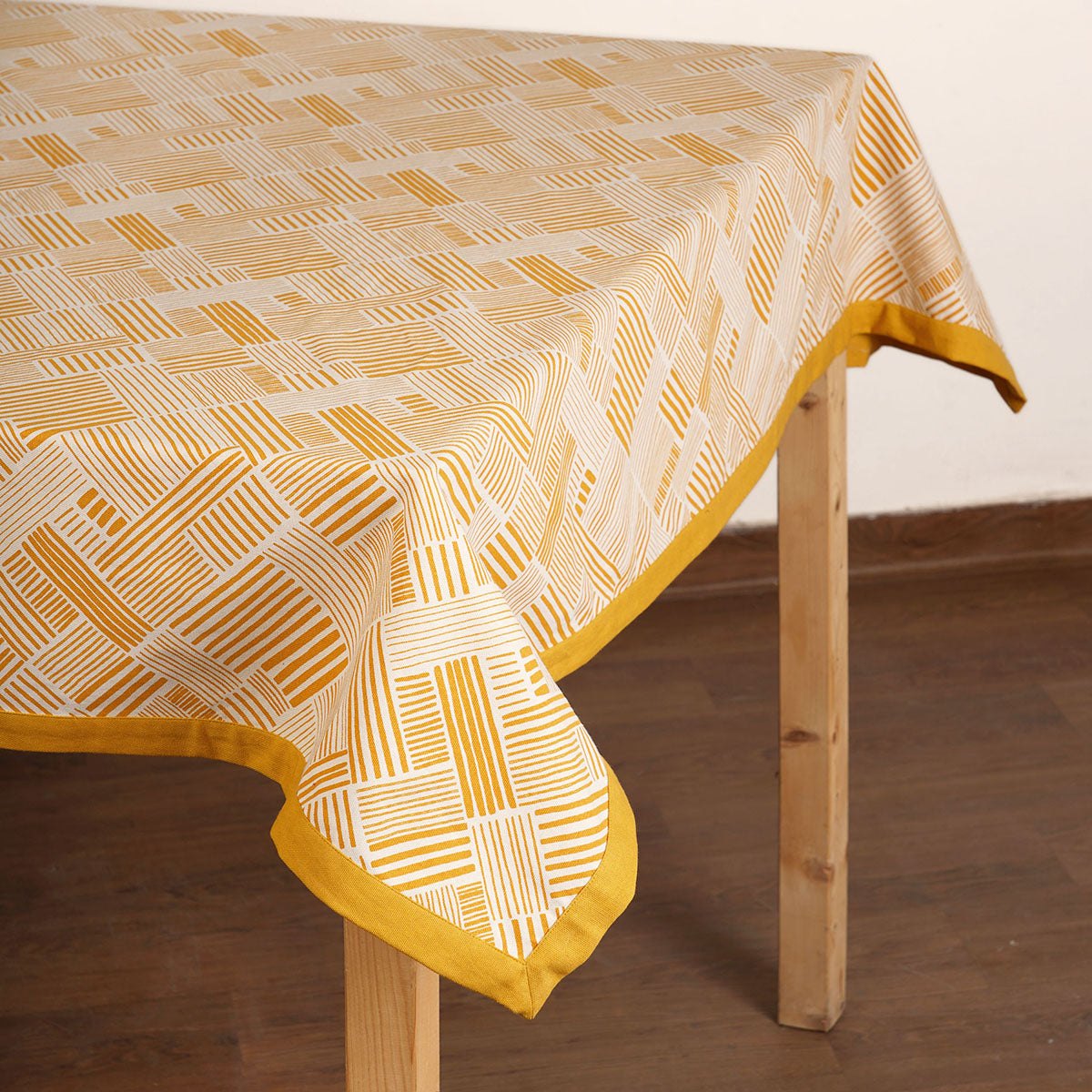 Modern Retro Mustard Yellow Geometric Stripe Print Cotton Tablecloth | Solid Border | Round, Square & Rectangular