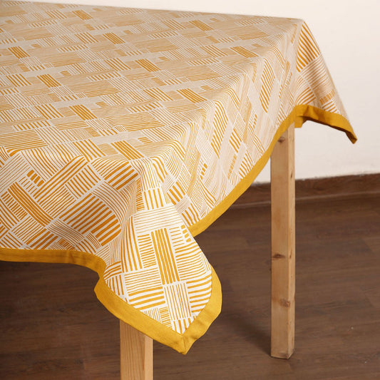 Modern Retro Mustard Yellow Geometric Stripe Print Cotton Tablecloth | Solid Border | Round, Square & Rectangular