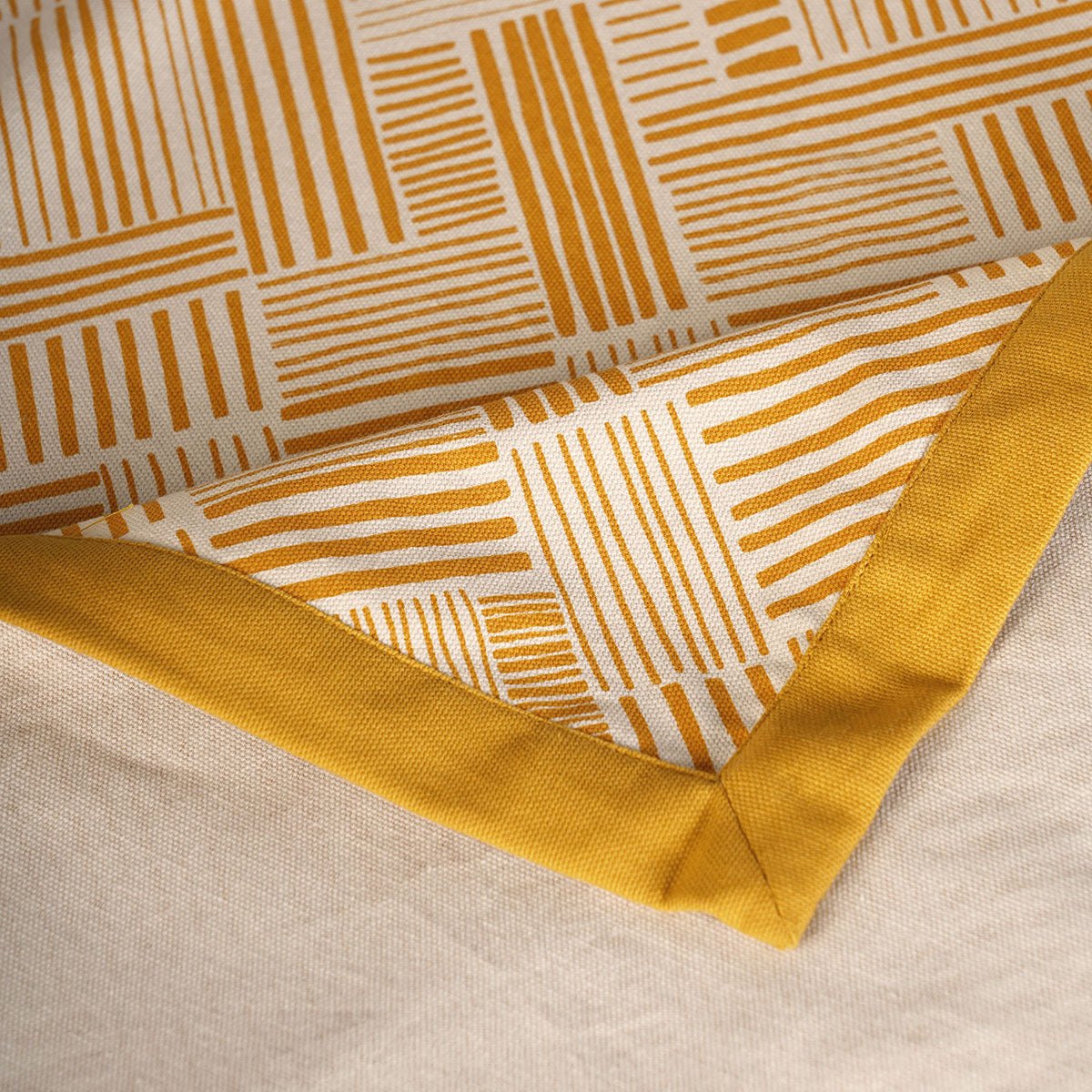 Modern Retro Mustard Yellow Geometric Stripe Print Cotton Tablecloth | Solid Border | Round, Square & Rectangular