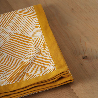 Modern Retro Mustard Yellow Geometric Stripe Print Cotton Tablecloth | Solid Border | Round, Square & Rectangular