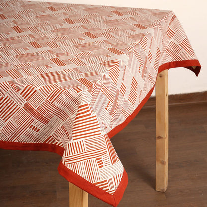 Modern Retro Terracotta Geometric Stripe Print Cotton Tablecloth | Solid Border | Round, Square & Rectangular