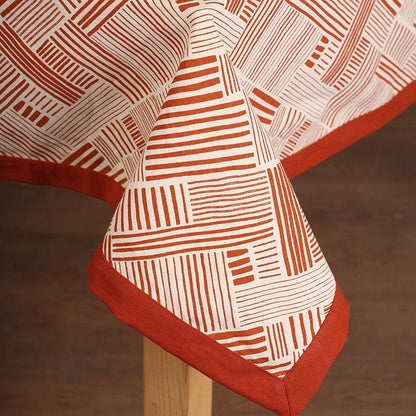 Modern Retro Terracotta Geometric Stripe Print Cotton Tablecloth | Solid Border | Round, Square & Rectangular