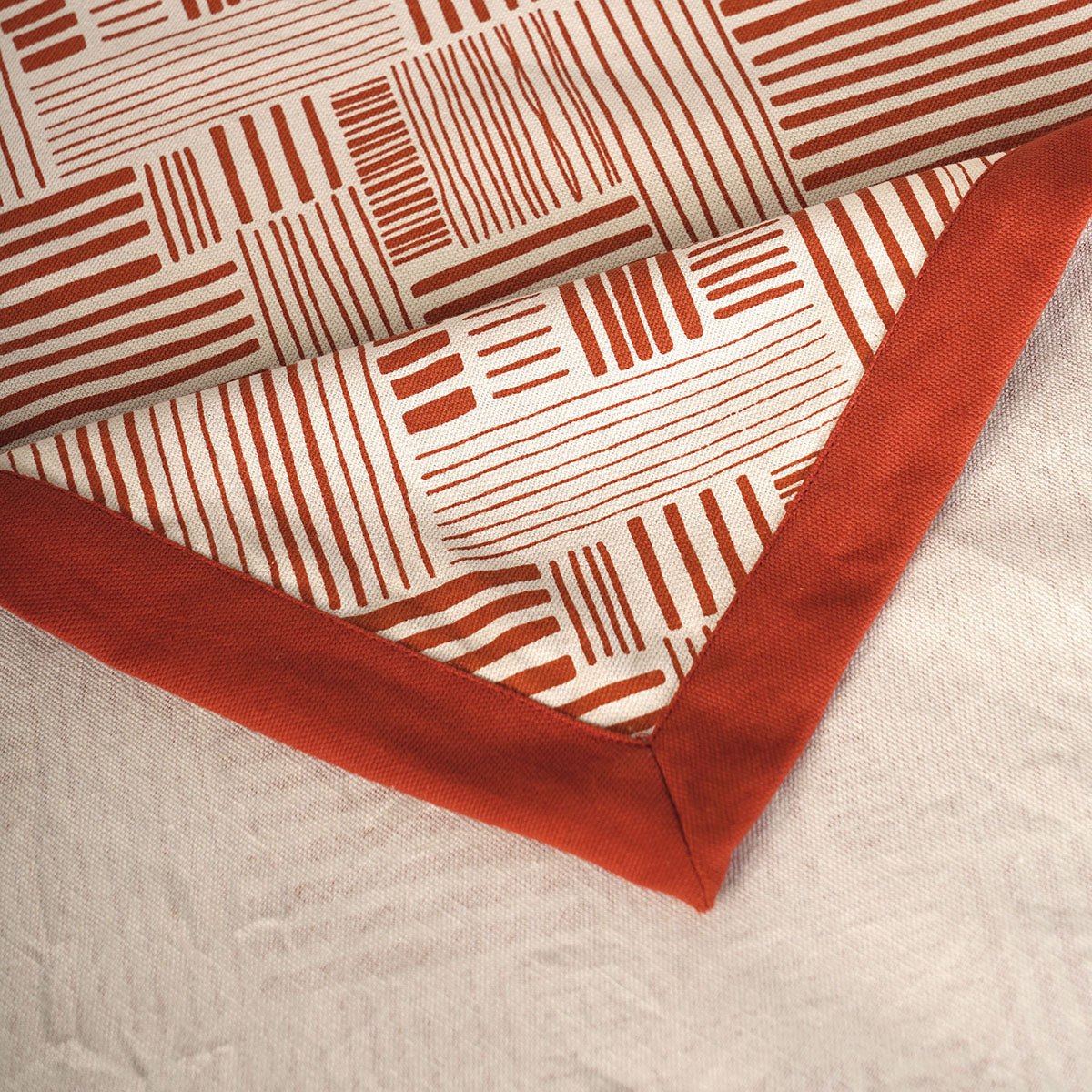 Premium Terracotta Geometric Stripe Cotton Tablecloth – Modern Retro Design