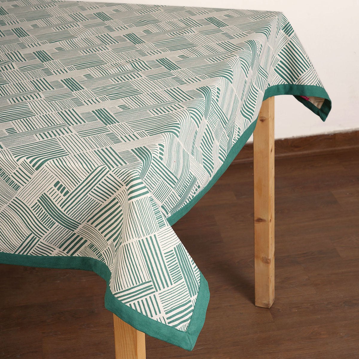 Modern Retro Aqua Green Geometric Stripe Print Cotton Tablecloth | Solid Border | Round, Square & Rectangular