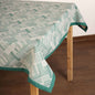 Modern Retro Aqua Green Geometric Stripe Print Cotton Tablecloth | Solid Border | Round, Square & Rectangular
