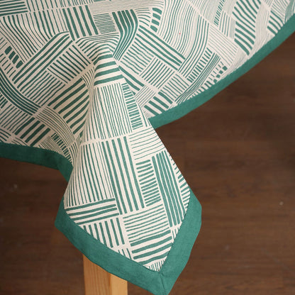 Modern Retro Aqua Green Geometric Stripe Print Cotton Tablecloth | Solid Border | Round, Square & Rectangular