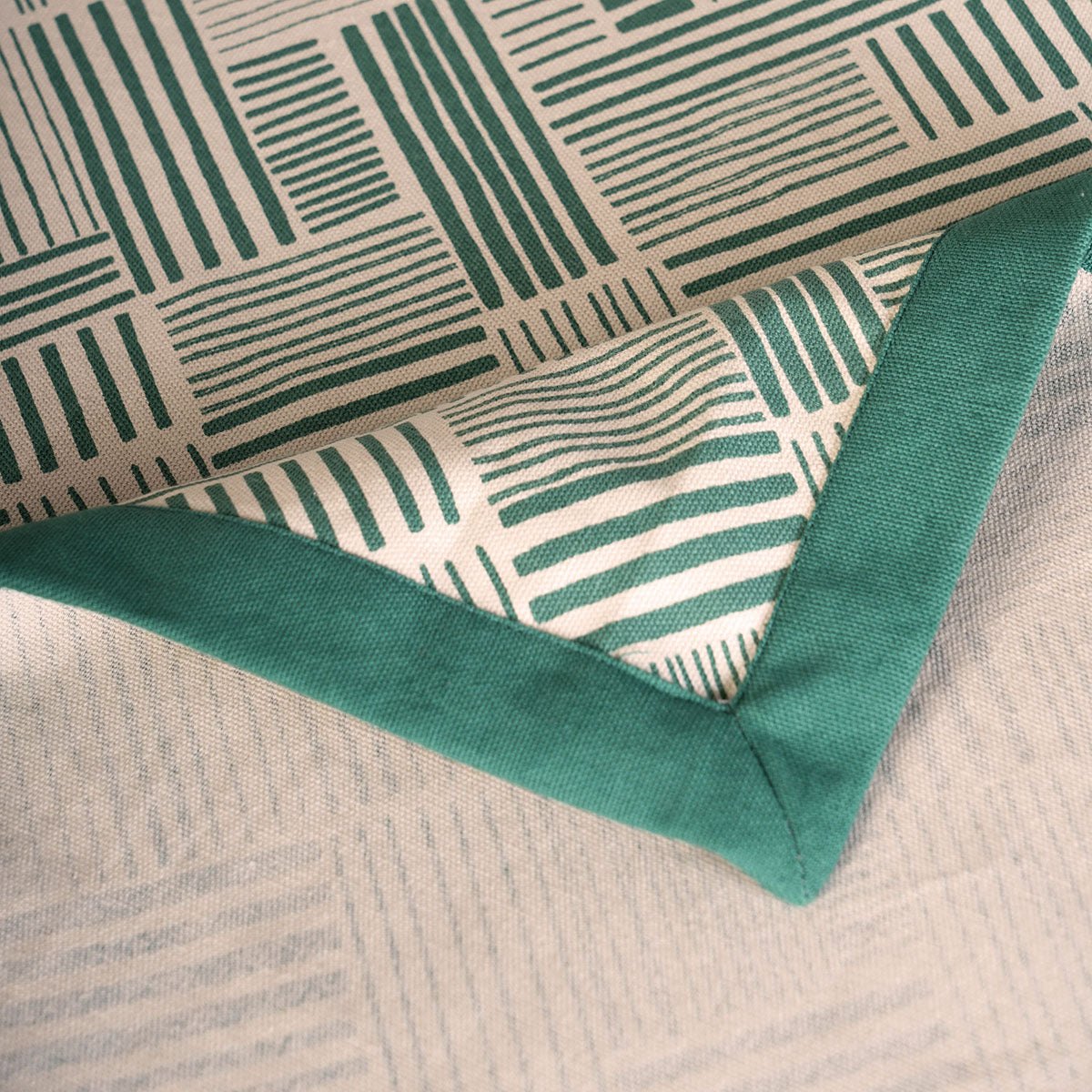 Aqua Green Geometrical Stripe Cotton Tablecloth – Modern Retro Design