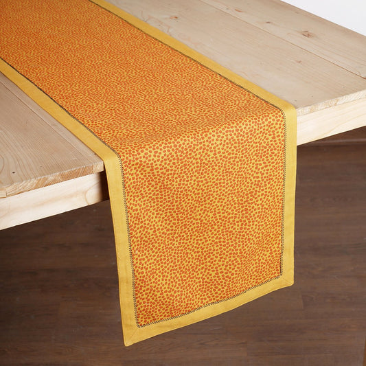 Mustard Yellow Cotton Table Runner with Embroidered Border – Modern Retro