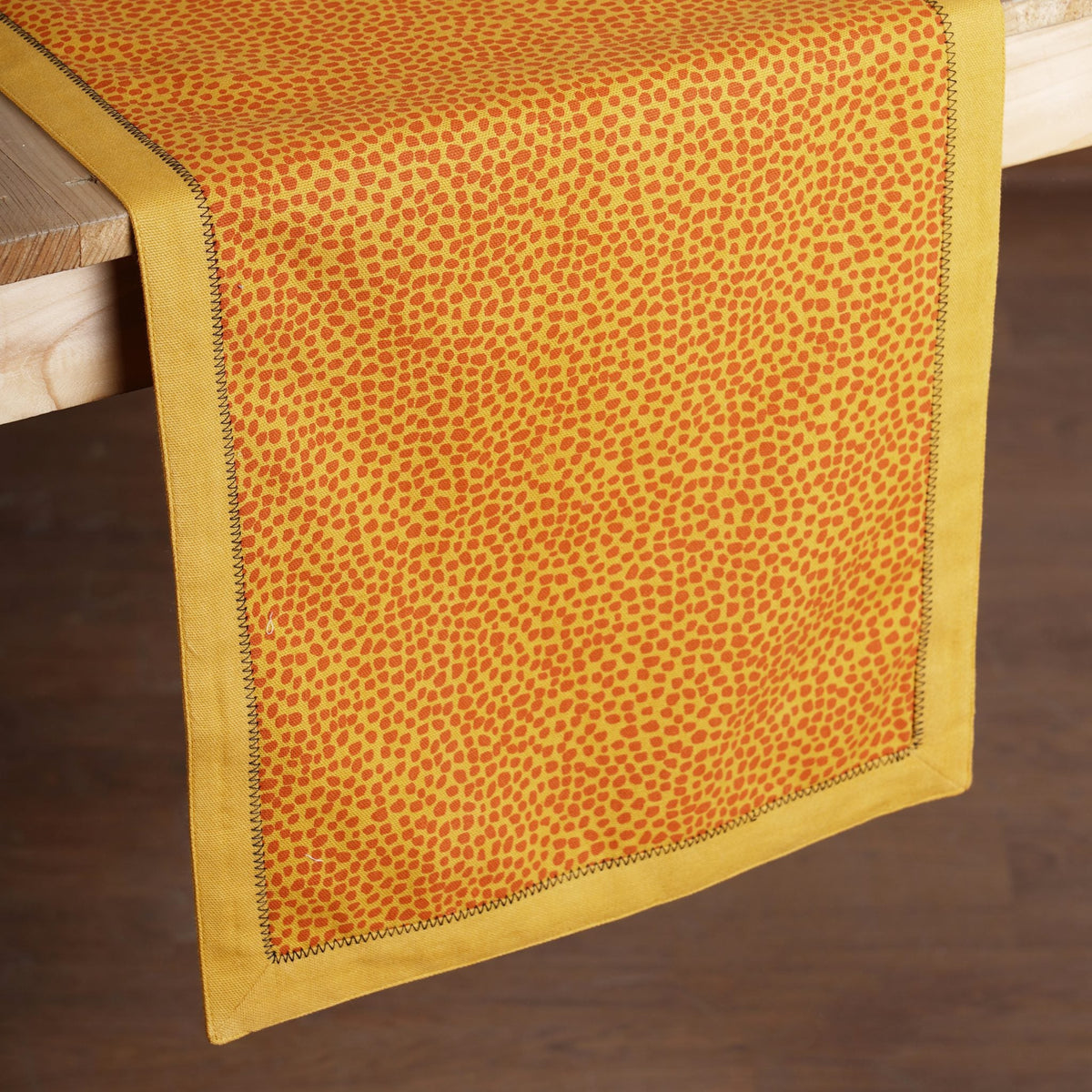 Modern Retro Mustard Yellow Dot Print Cotton Table Runner | Zig-Zag Embroidered Border | 4 & 6 Seater