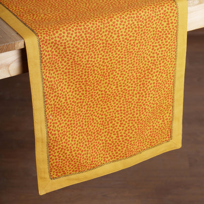 Modern Retro Mustard Yellow Dot Print Cotton Table Runner | Zig-Zag Embroidered Border | 4 & 6 Seater