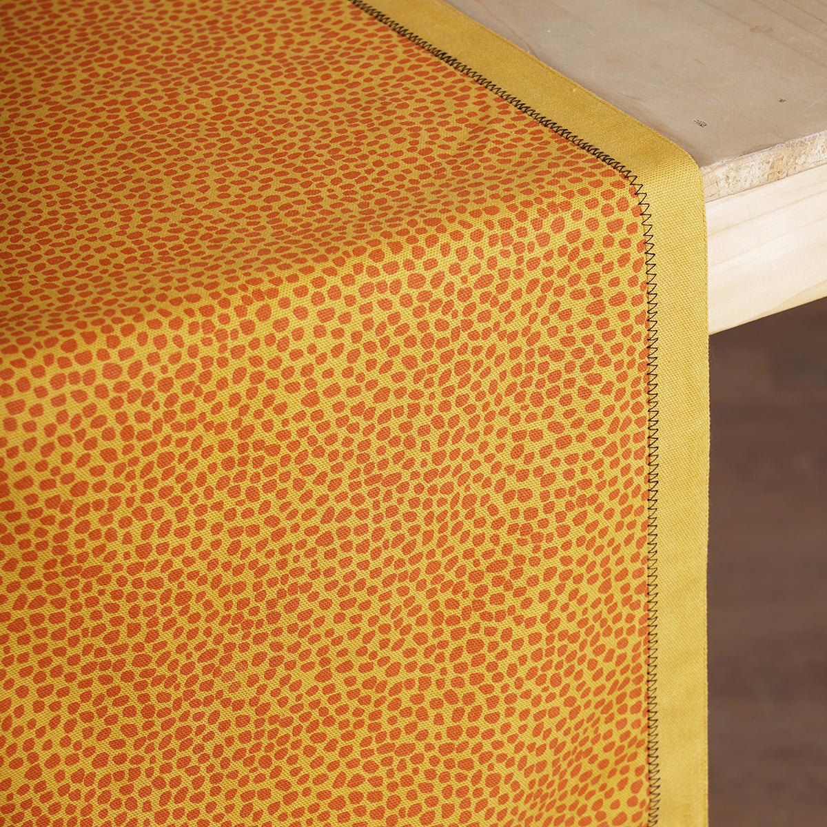 Modern Retro Mustard Yellow Dot Print Cotton Table Runner | Zig-Zag Embroidered Border | 4 & 6 Seater