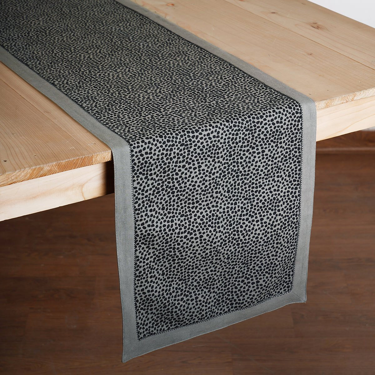 Modern Retro Grey Dot Print Cotton Table Runner | Zig-Zag Embroidered Border | 4 & 6 Seater