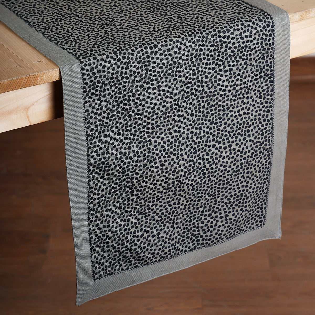 Modern Retro Grey Dot Print Cotton Table Runner | Zig-Zag Embroidered Border | 4 & 6 Seater