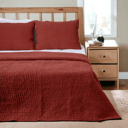 Terracotta Kantha Hand‑Quilted 4‑Layer Cotton Muslin Bed Set – Twin, Queen & King Sizes