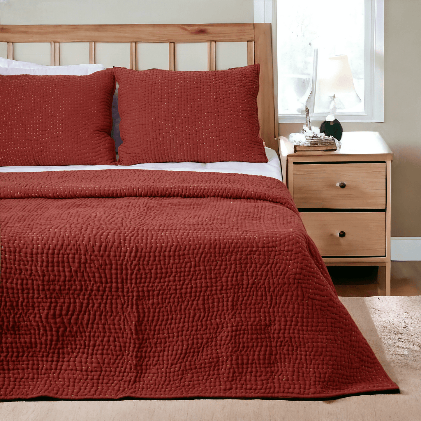 Terracotta Kantha Hand-Quilted Pillow Cases - 4 Layer Muslin Gauze