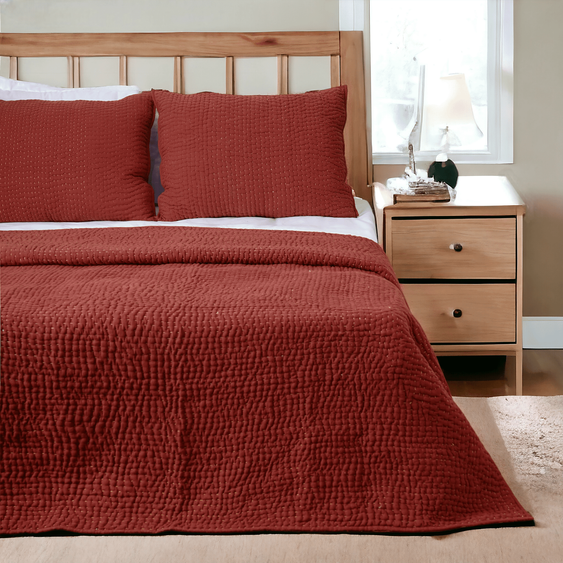 Terracotta Kantha Hand-Quilted Pillow Cases - 4 Layer Muslin Gauze