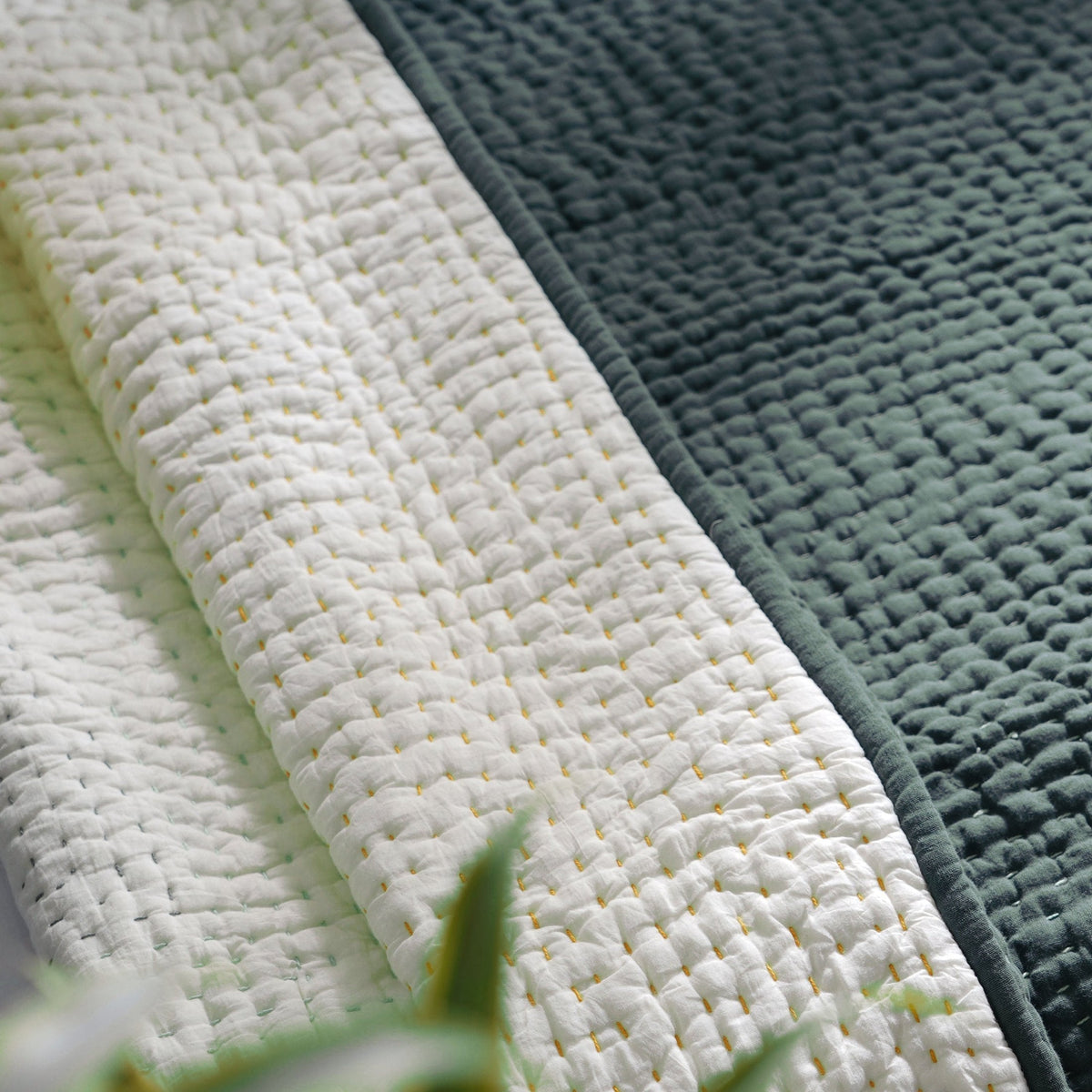 Olive Green Kantha Quilt | Hand Quilted 4-Layer Muslin Gauze | Twin, Queen & King