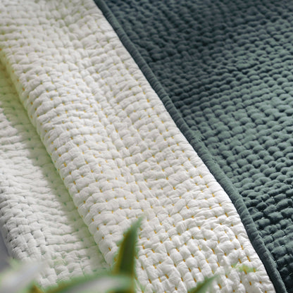 Olive Green Kantha Quilt | Hand Quilted 4-Layer Muslin Gauze | Twin, Queen & King