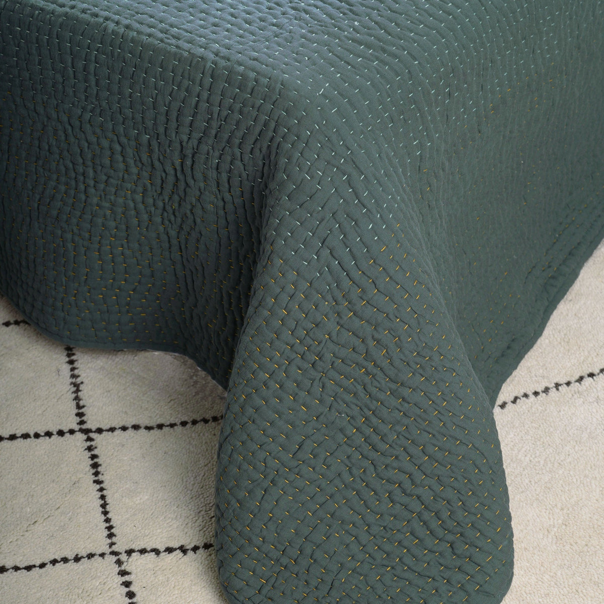 Olive Green Kantha Quilt | Hand Quilted 4-Layer Muslin Gauze | Twin, Queen & King