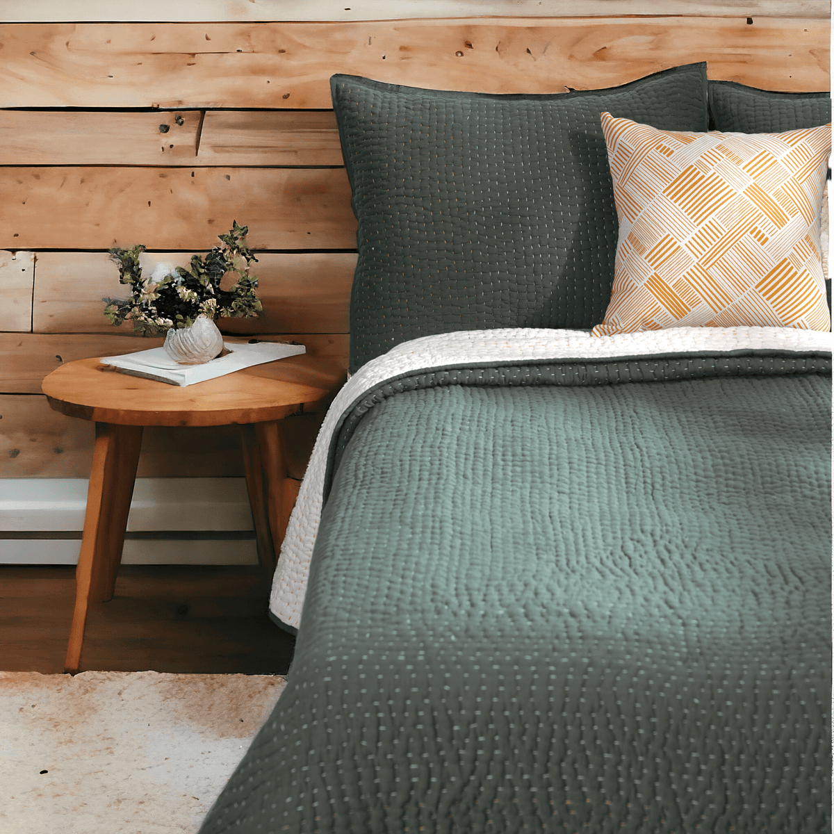 Olive Green Kantha Quilted Bed Set | Hand Quilted 4-Layer Muslin Gauze | Twin, Queen & King