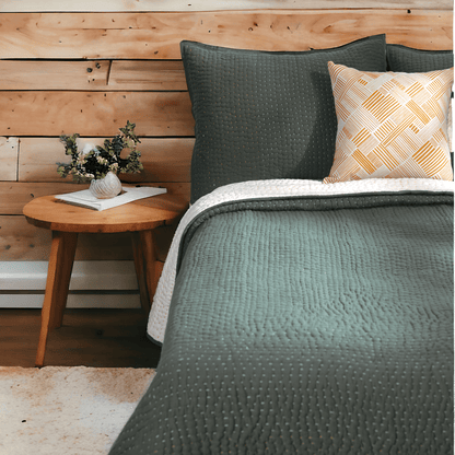 Olive Green Kantha Quilted Bed Set | Hand Quilted 4-Layer Muslin Gauze | Twin, Queen & King