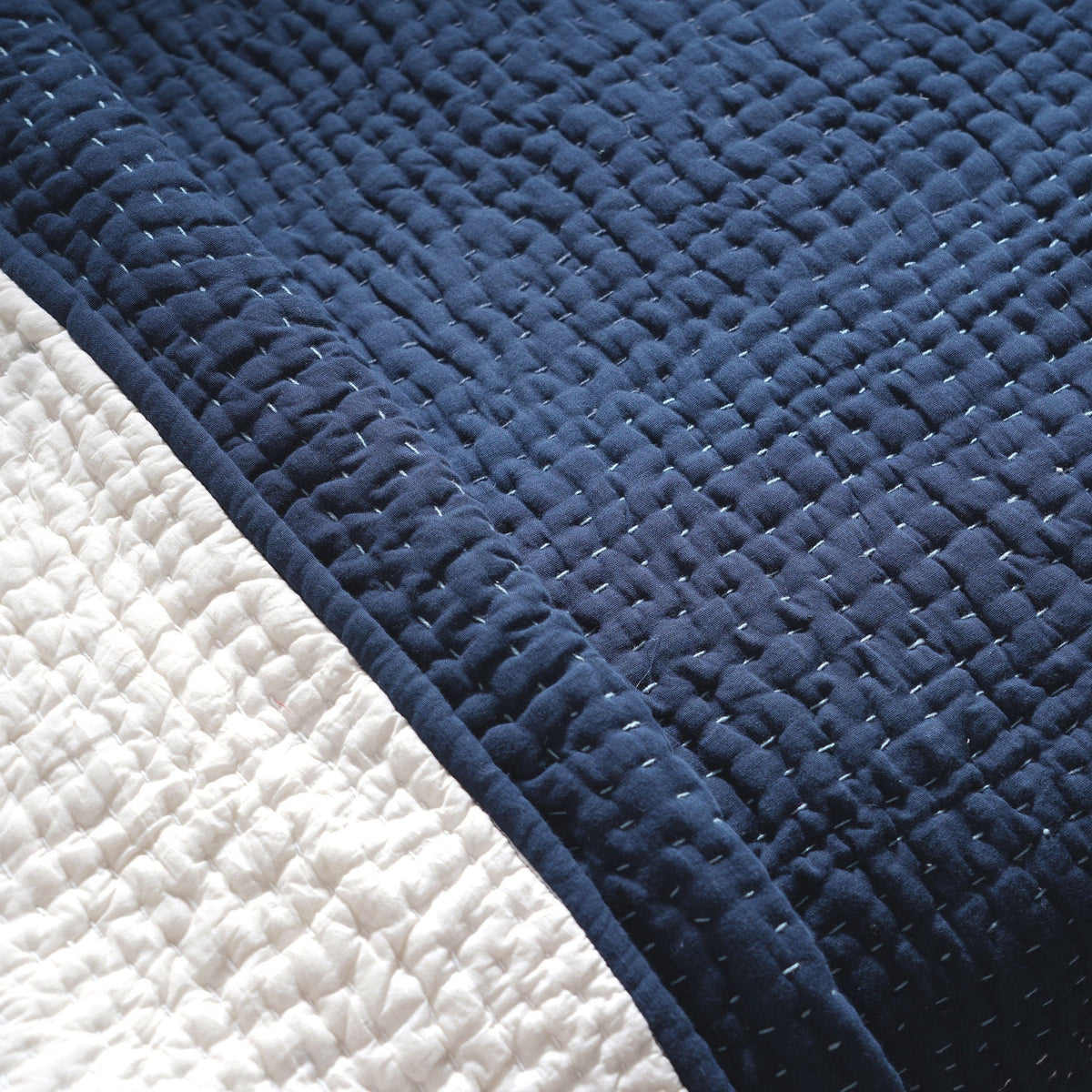 Indigo Blue Kantha Quilt | Hand Quilted 4-Layer Muslin Gauze | Twin, Queen & King