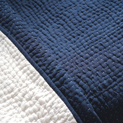 Indigo Kantha Quilted Bed Set | Hand Quilted 4-Layer Muslin Gauze | Twin, Queen & King