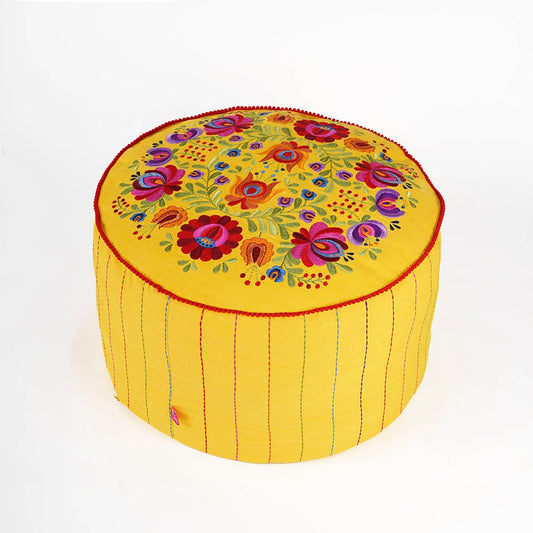 Matyo Yellow Boho Pouf Cover with Multicolour Rose Embroidery