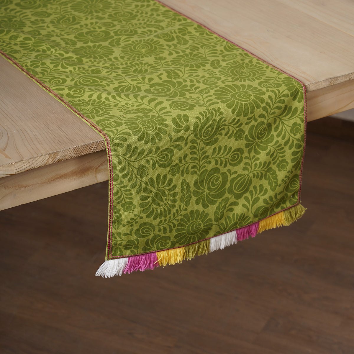 Matyo Green Printed Cotton Table Runner with Multicolour Acrylic Fringe