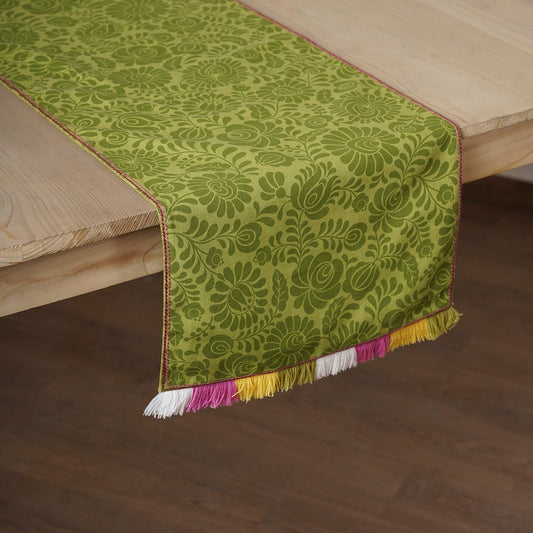 Matyo Green Printed Cotton Table Runner with Multicolour Acrylic Fringe