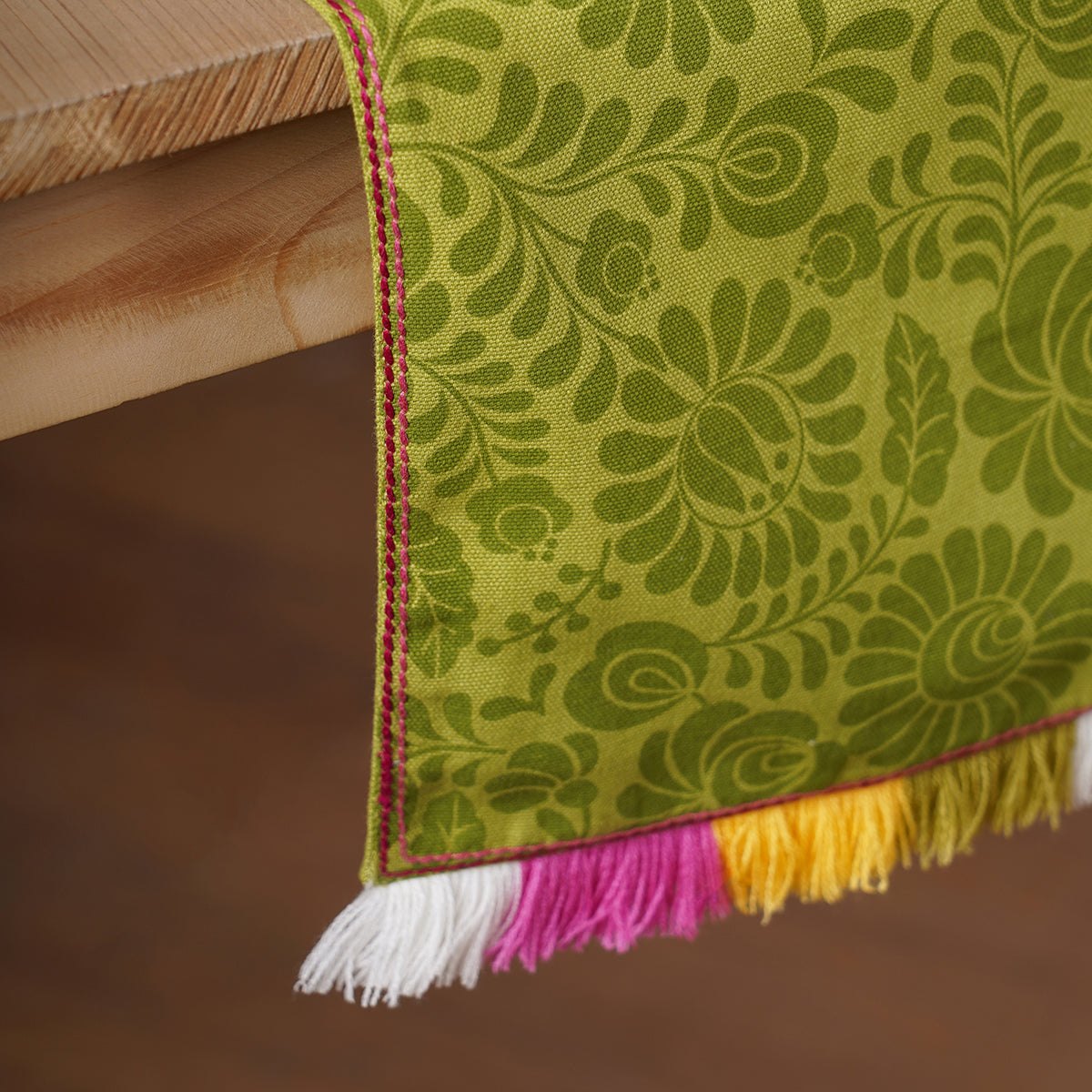 Matyo Table Runner | Green Print with Multicolour Acrylic Fringe | Cotton | 4 & 6 Seater Sizes