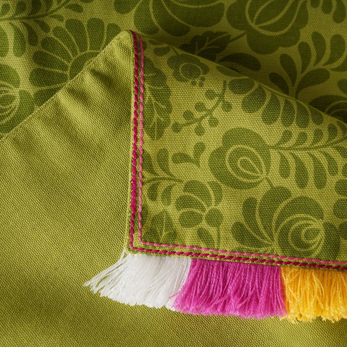 Matyo Green Printed Cotton Table Runner with Multicolour Acrylic Fringe