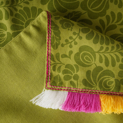 Matyo Table Runner | Green Print with Multicolour Acrylic Fringe | Cotton | 4 & 6 Seater Sizes