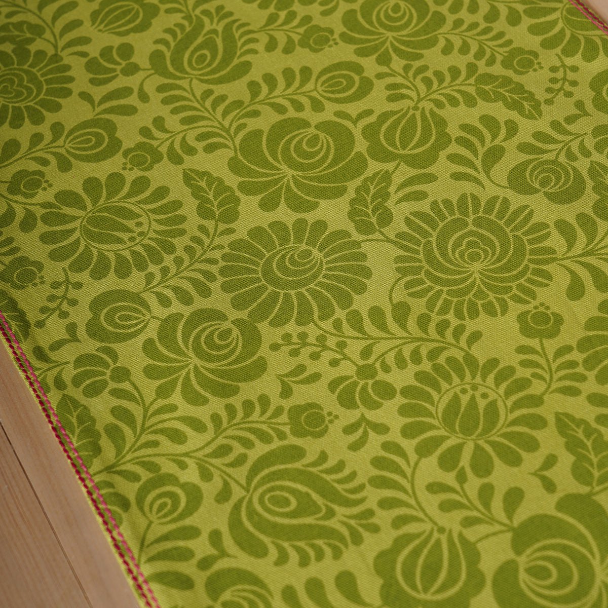 Matyo Green Printed Cotton Table Runner with Multicolour Acrylic Fringe