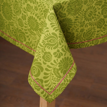 Matyo Tablecloth | Green Floral Print & Embroidered Hem | 100% Cotton | 3 Sizes Available