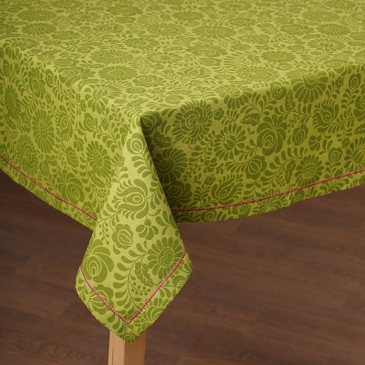 MATYO Green Floral Cotton Tablecloth – 54" Round, 54"x90" Options