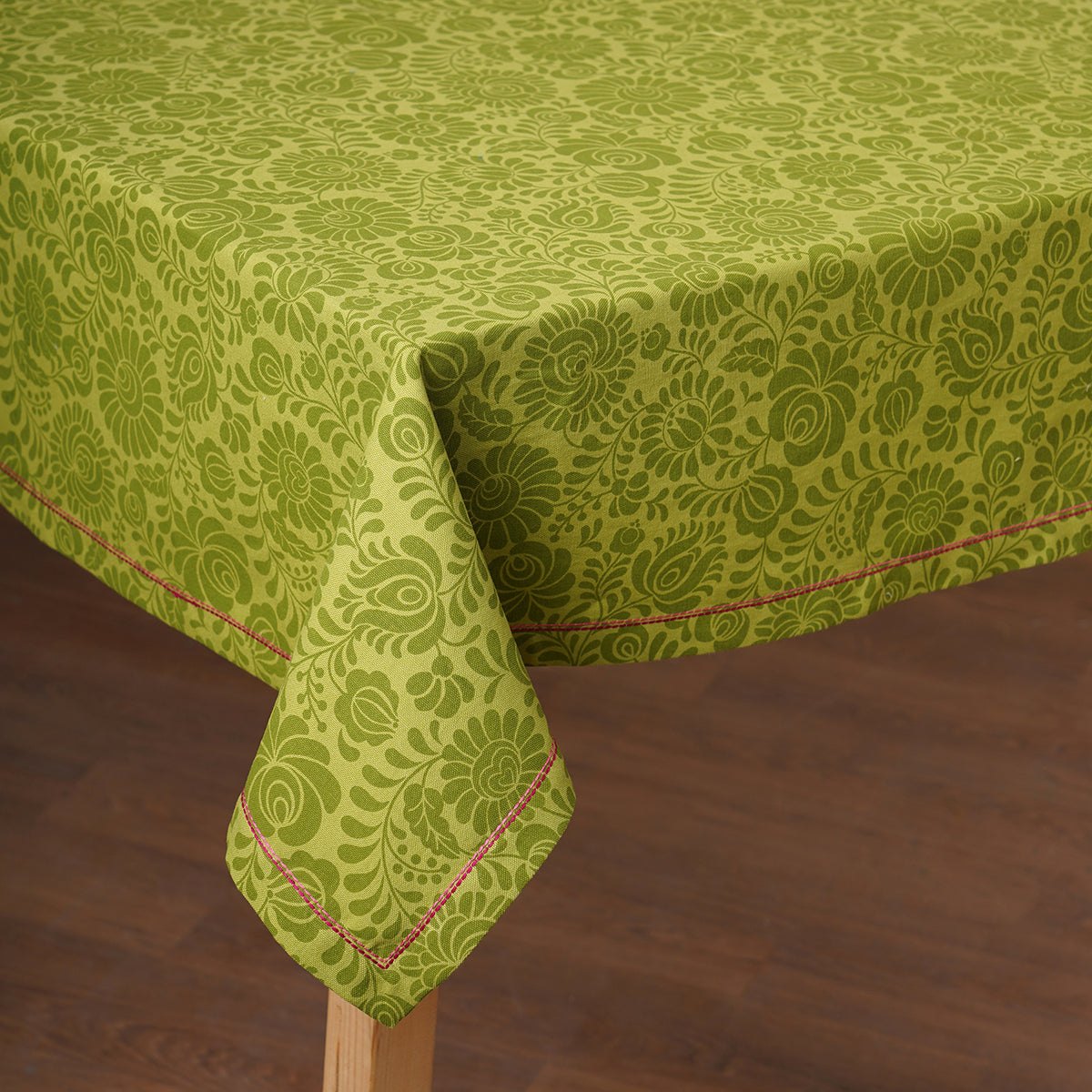 Matyo Tablecloth | Green Floral Print & Embroidered Hem | 100% Cotton | 3 Sizes Available