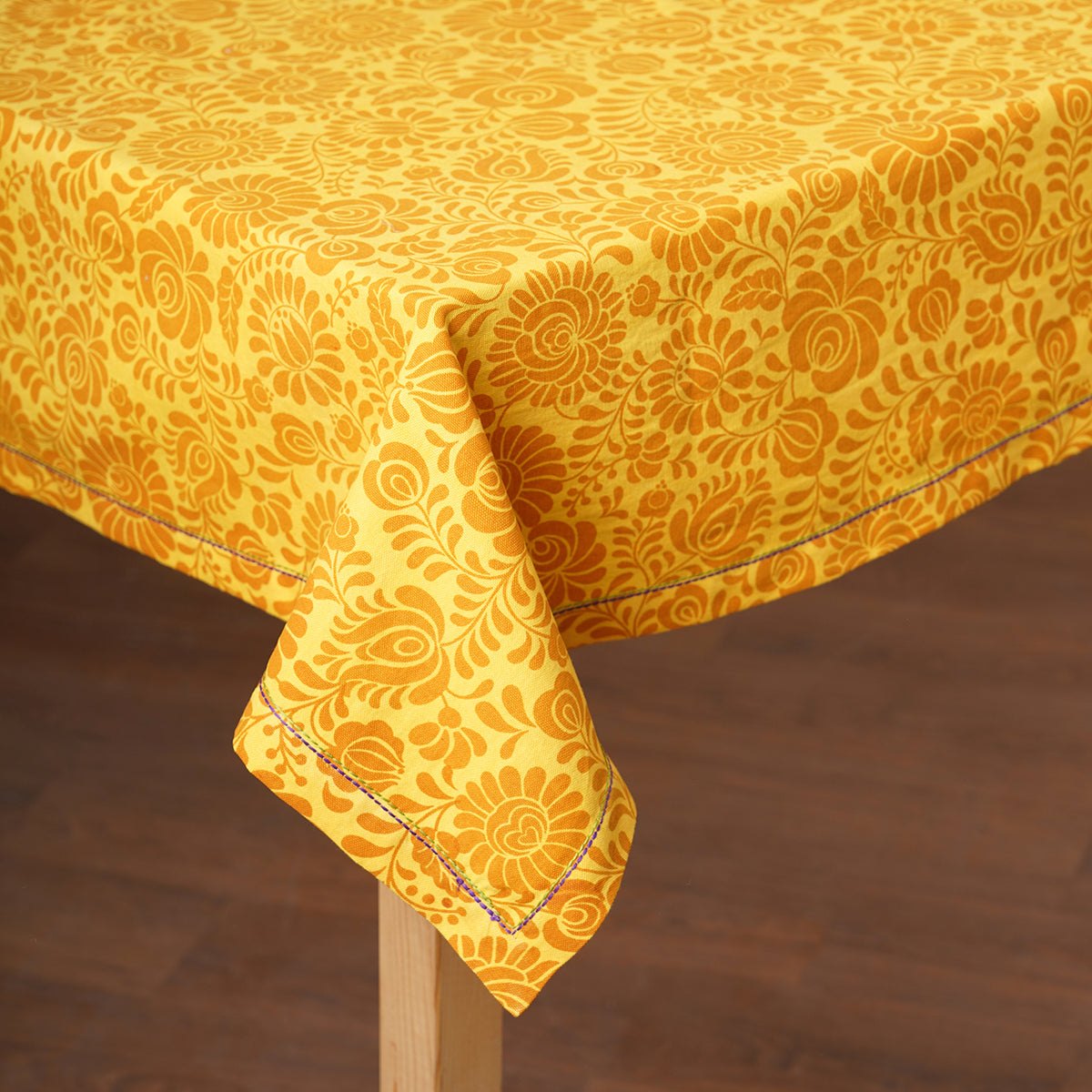 Matyo Tablecloth | Yellow Floral Print & Embroidered Hem | 100% Cotton | 3 Sizes Available