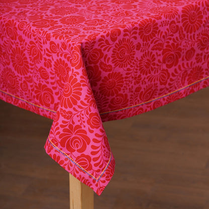 Matyo Tablecloth | Hot Pink Floral Print & Embroidered Hem | 100% Cotton | 3 Sizes Available