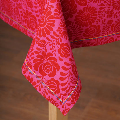Matyo Tablecloth | Hot Pink Floral Print & Embroidered Hem | 100% Cotton | 3 Sizes Available