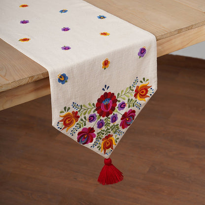 Matyo Embroidered Table Runner | Off White Slub Cotton | Multicolour Rose Embroidery & Red Tassels | 4 & 6 Seater