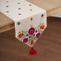Matyo Embroidered Table Runner | Off White Slub Cotton | Multicolour Rose Embroidery & Red Tassels | 4 & 6 Seater