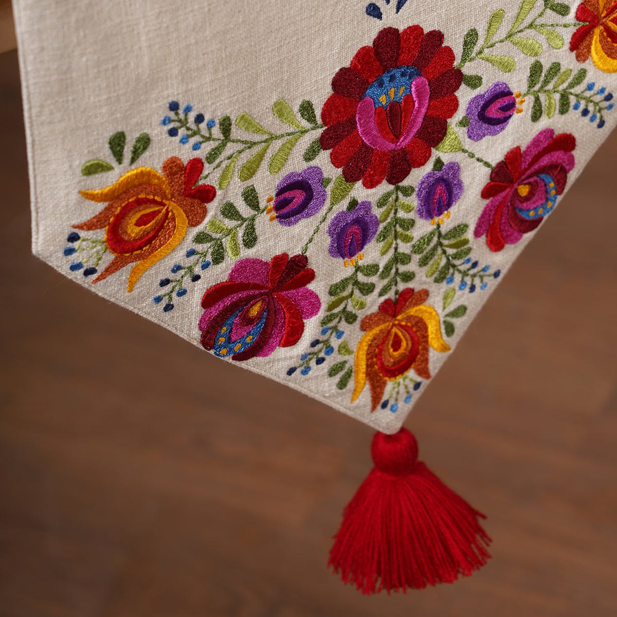 Matyo Embroidered Table Runner | Off White Slub Cotton | Multicolour Rose Embroidery & Red Tassels | 4 & 6 Seater