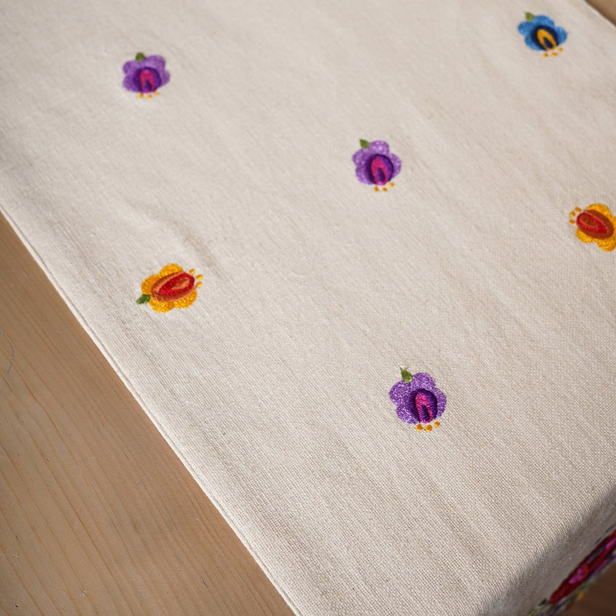Off White Slub Cotton Table Runner with Multicolour Embroidery